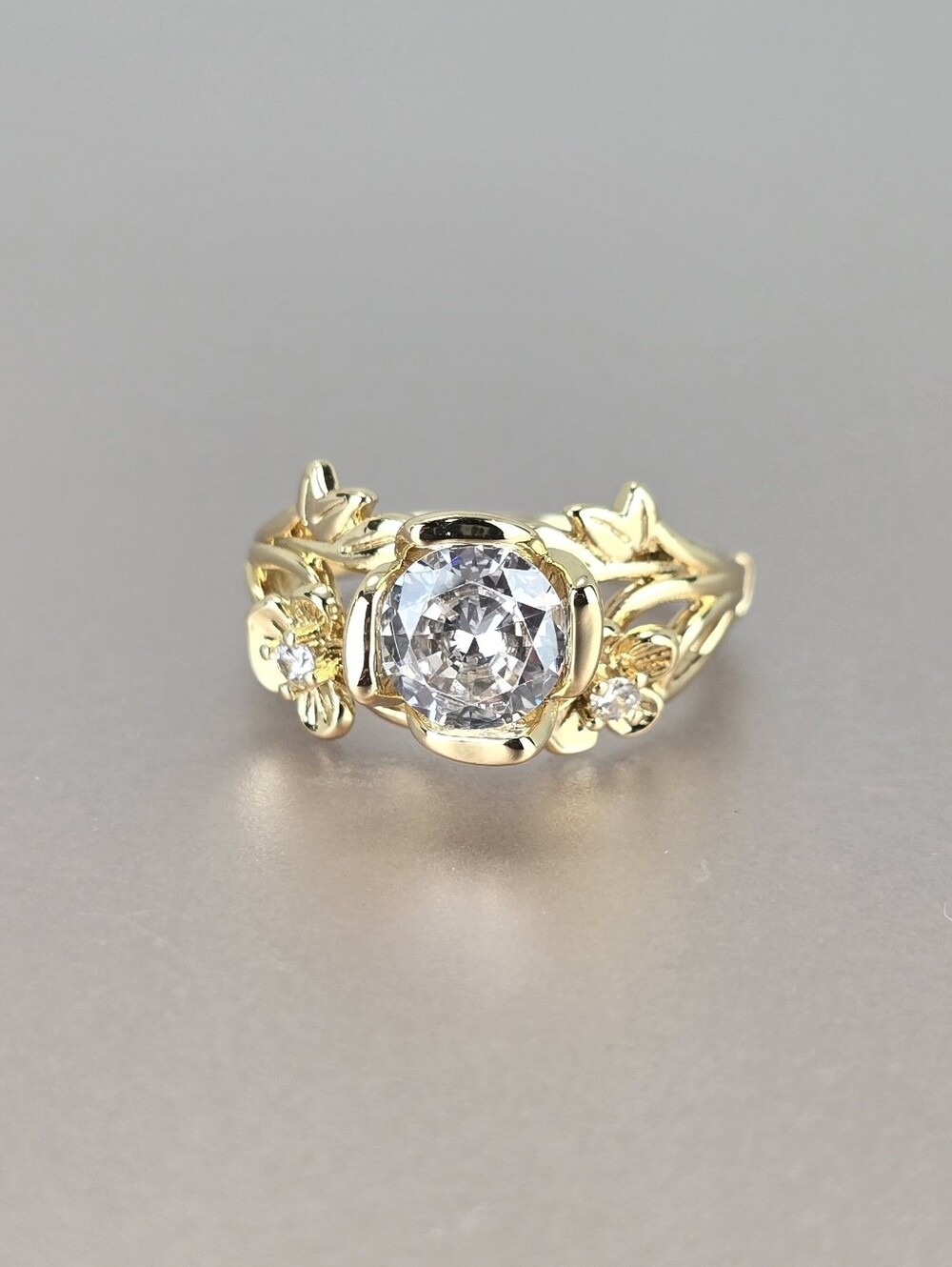 Gold Floral Halo Ring with Clear Center Stone